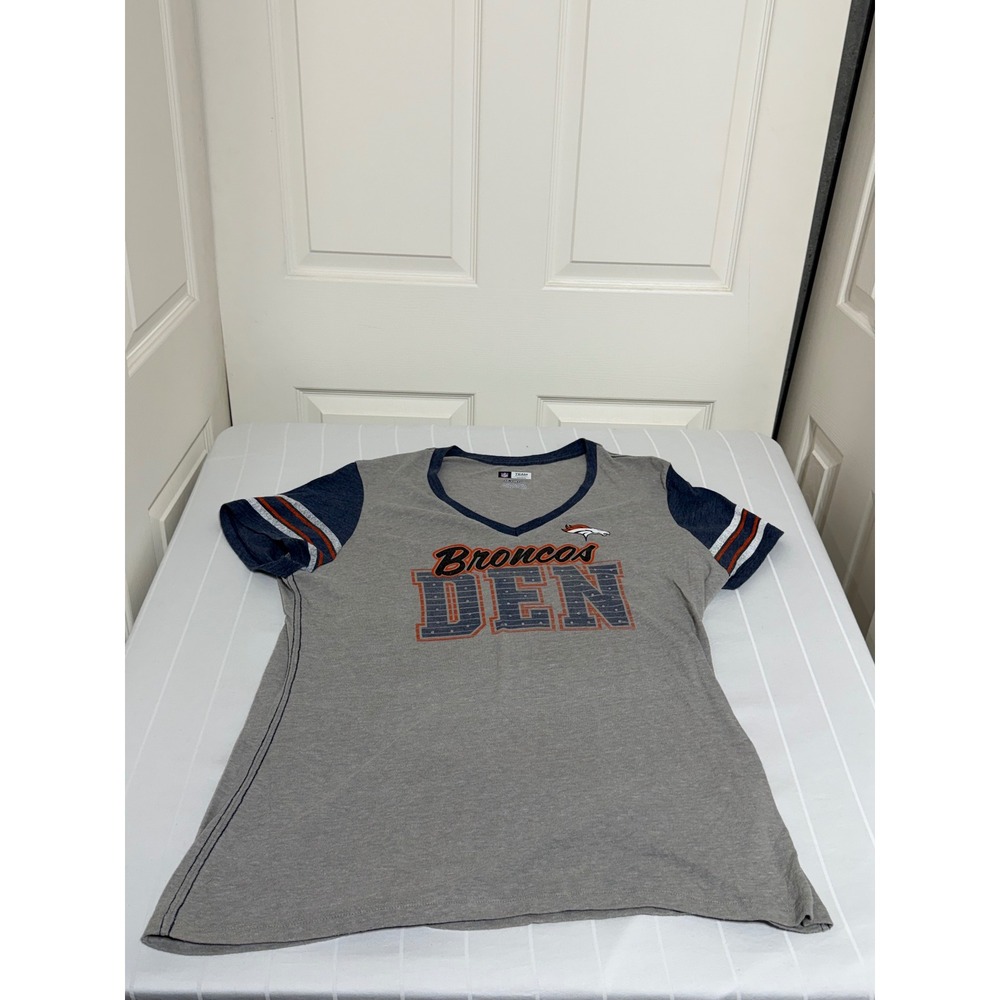NFL Team Apparel Denver Broncos Womens XXL V-Neck T-Shirt Gray Navy Blue Striped